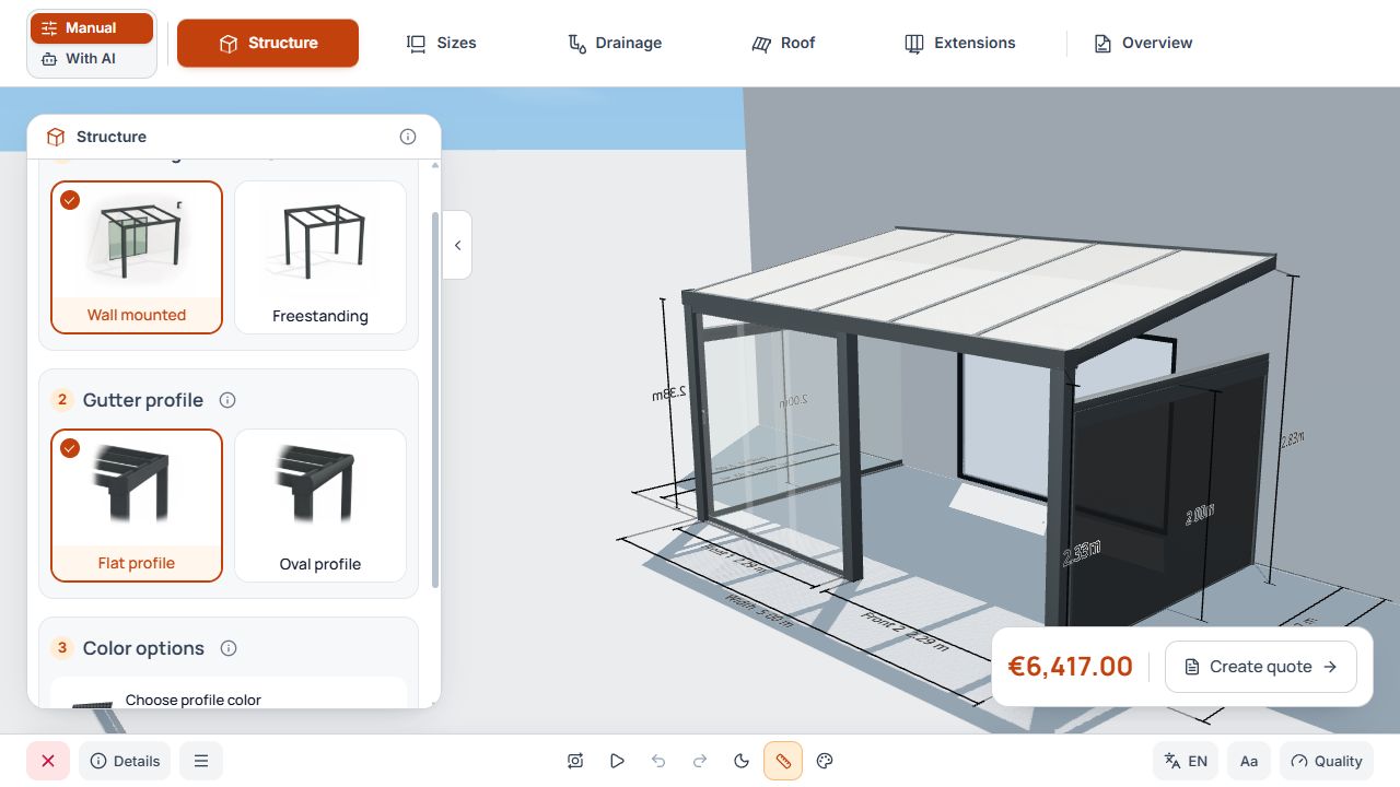 Studio with six manual steps, mounting type, gutter profile, and 3D model.