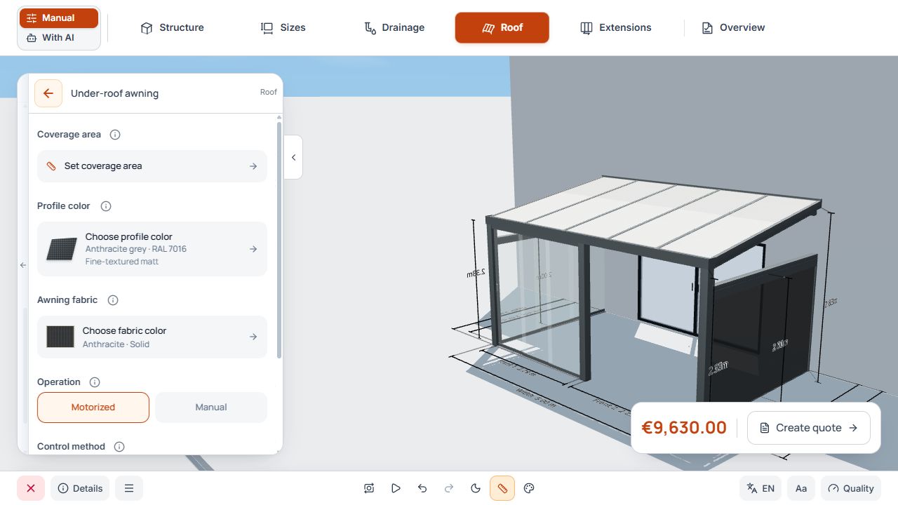 Under-roof awning settings with coverage area, profile color, fabric, and drive selection.