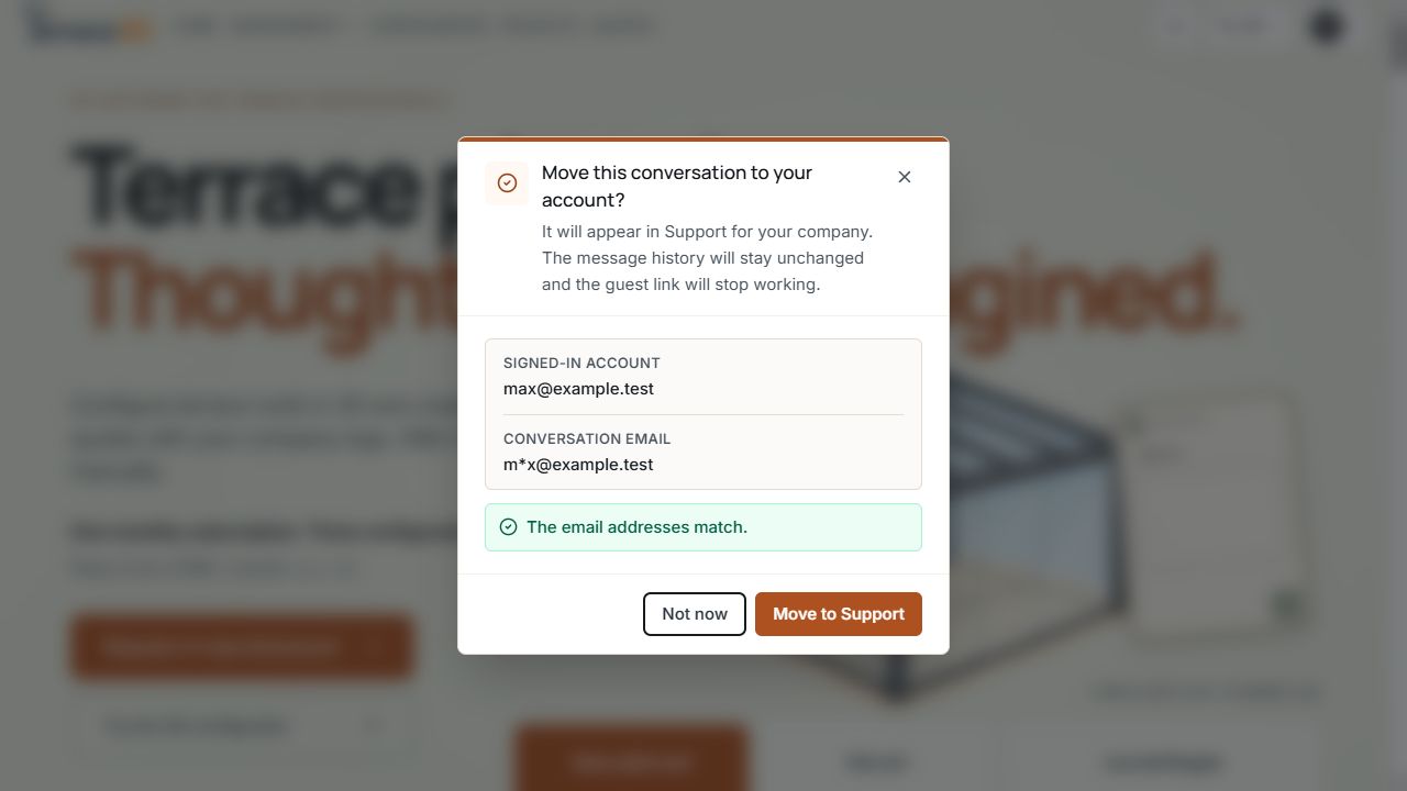 Confirmation dialog for moving a guest conversation to the company account with matching email addresses.