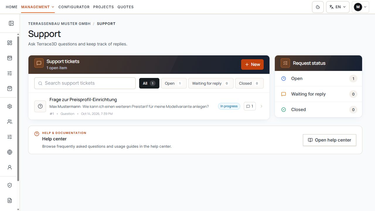 Support area with ticket list, search, and filters for the status areas.