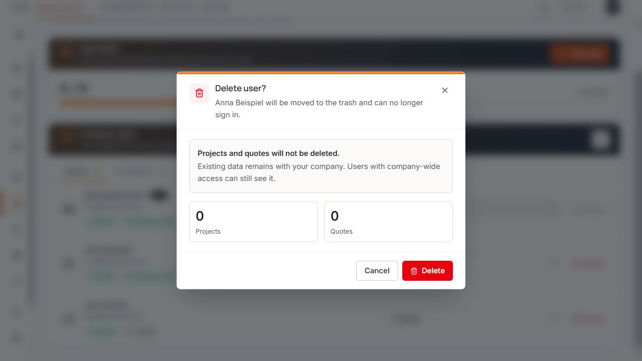 Delete user dialog for Anna with information on data retention and zero projects and zero quotes.