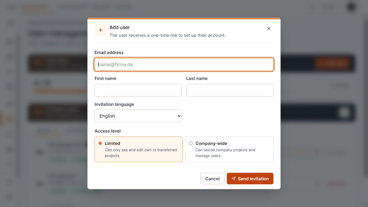 Invitation dialog with email, names, language, and access rights selection.