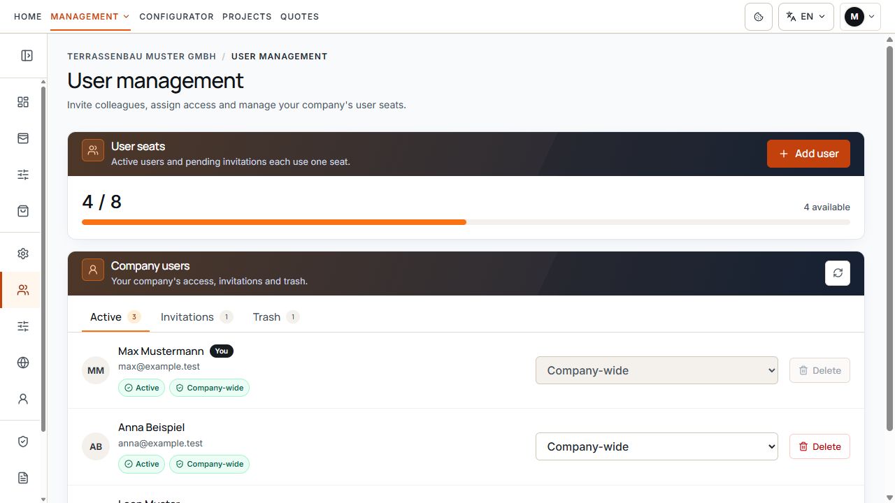 User management with user seats, status areas, and existing users.