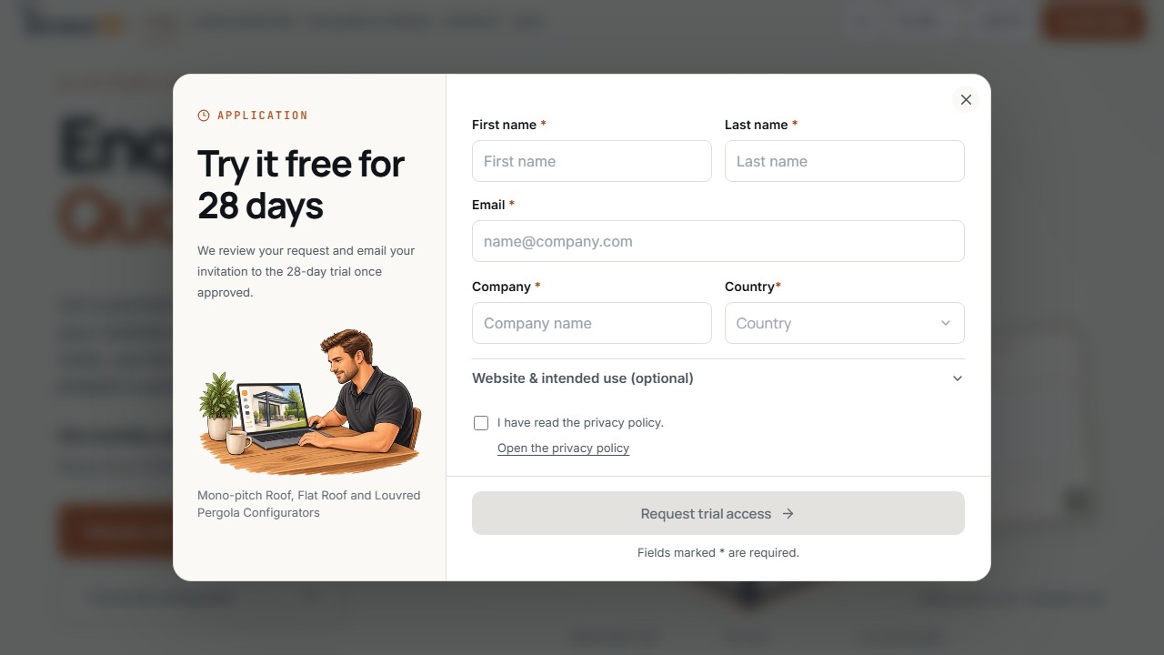 Public form for 28-day trial access with personal, company, and country details.
