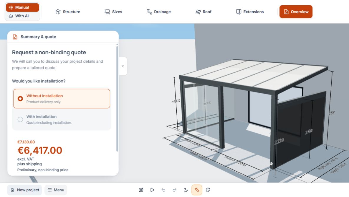 Public Studio overview with installation choice, non-binding preliminary price and 3D model.