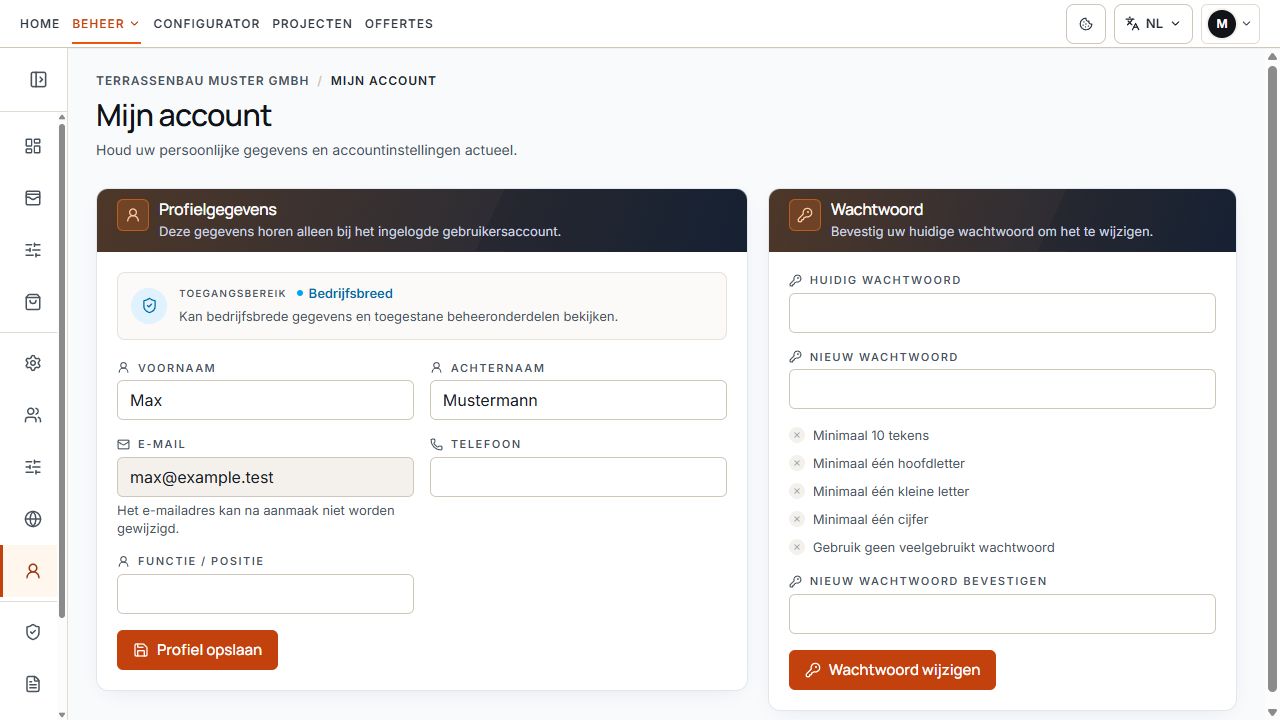 Mijn account met persoonlijke profielvelden en afzonderlijk wachtwoordgebied.