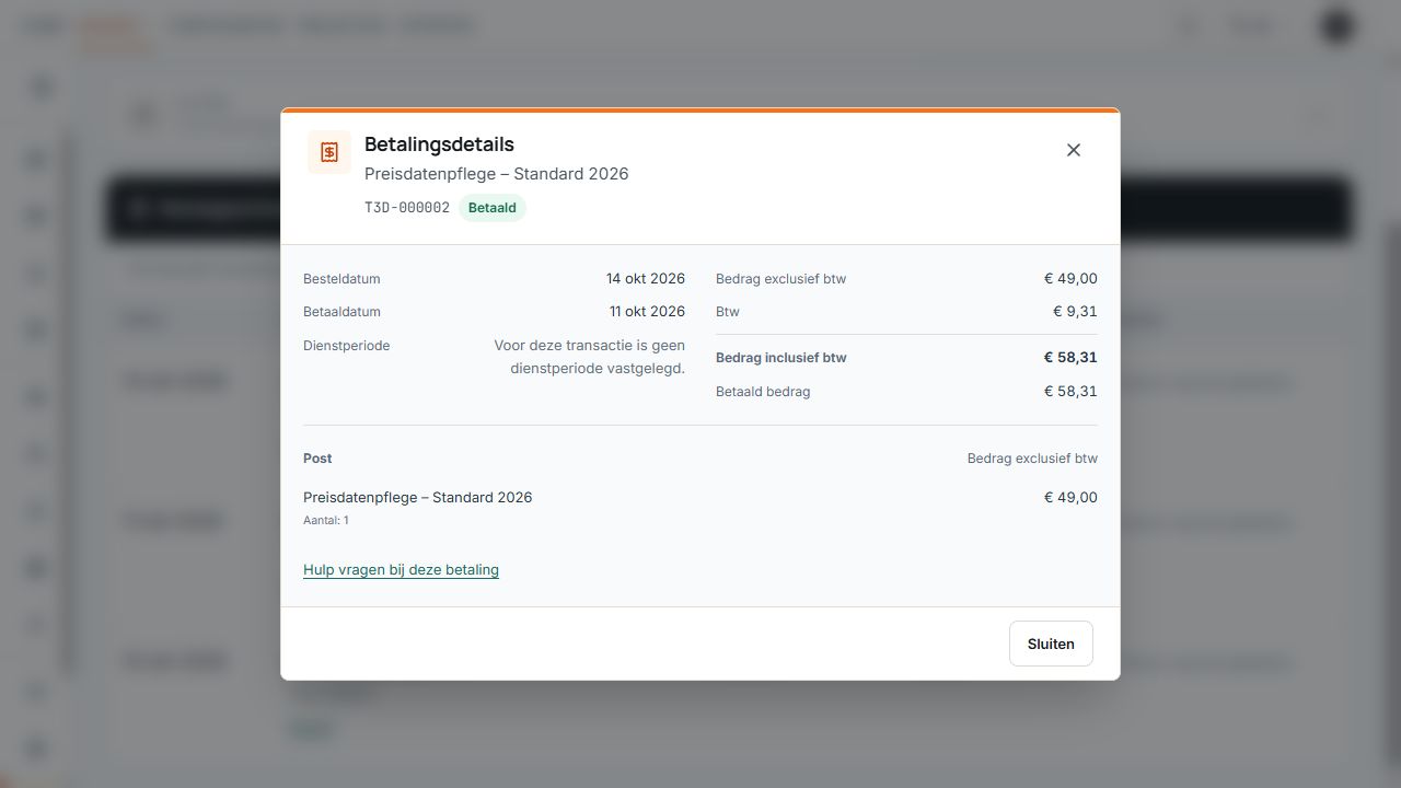 Betalingsdetails met datum, netto- en belastingbedragen en een opgeslagen post.