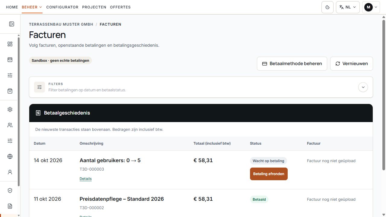 Betalingsgeschiedenis met betaalde en openstaande dossiers en factuurkolom.