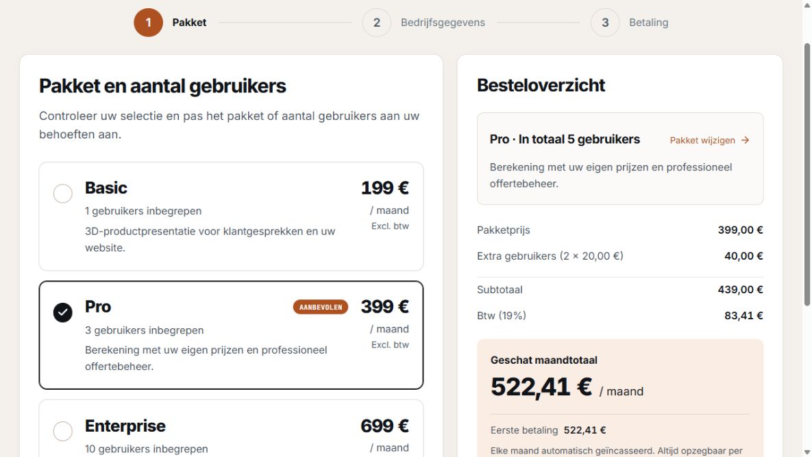Onderste gedeelte van de pakketselectie met extra gebruikers, belastingen en eerste betaling.