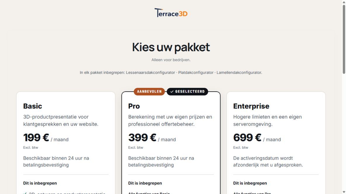 Pakketkeuze met Basic, Pro en Enterprise, maandprijzen en Pro als geselecteerd pakket.