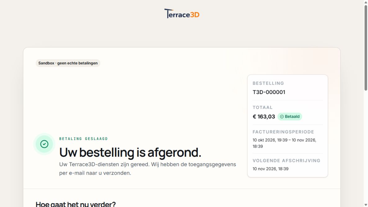 Bestelstatus van een sandbox-voorbeeldbestelling met geslaagde betaling en afgeronde beschikbaarstelling.