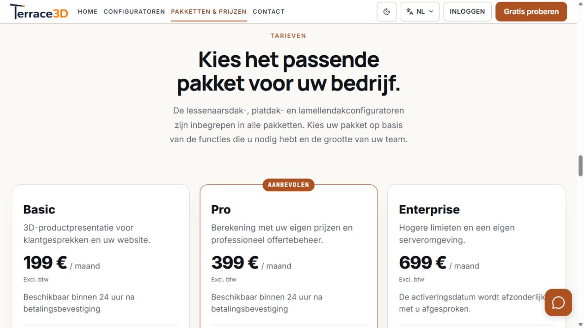Pakketvergelijking met Basic, Pro en Enterprise, maandprijzen en inbegrepen diensten.