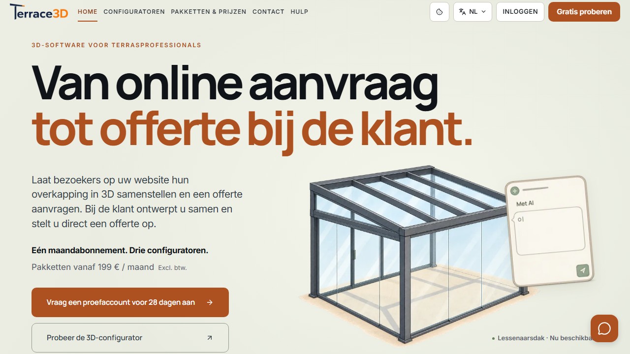 Startgedeelte van de Terrace3D-website met toegang tot de proefperiode en productpresentatie.