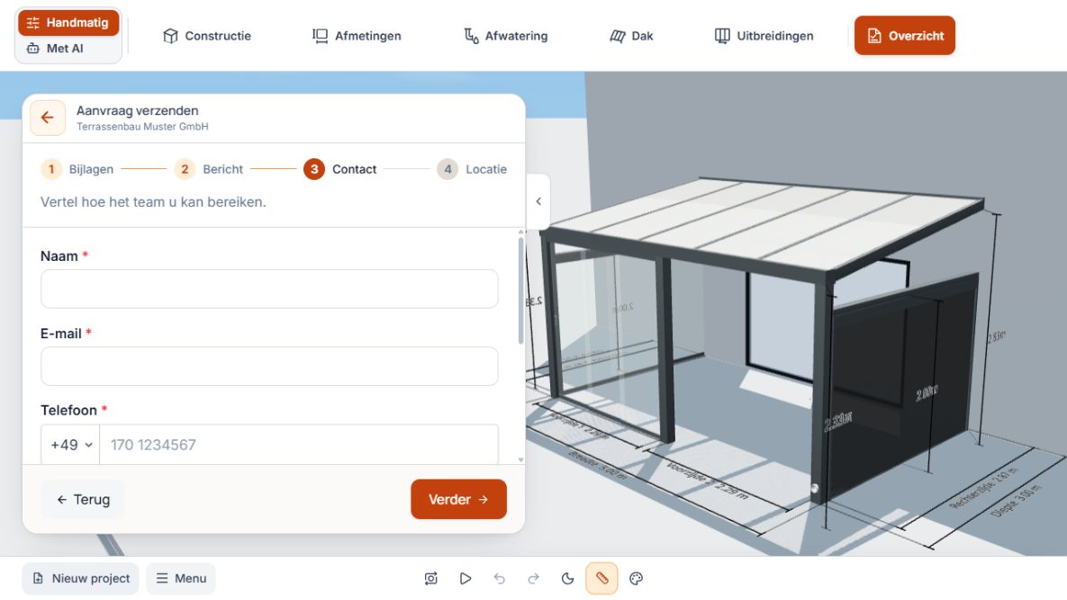 Contactstap van de websiteaanvraag met naam, e-mailadres en telefoonnummer.