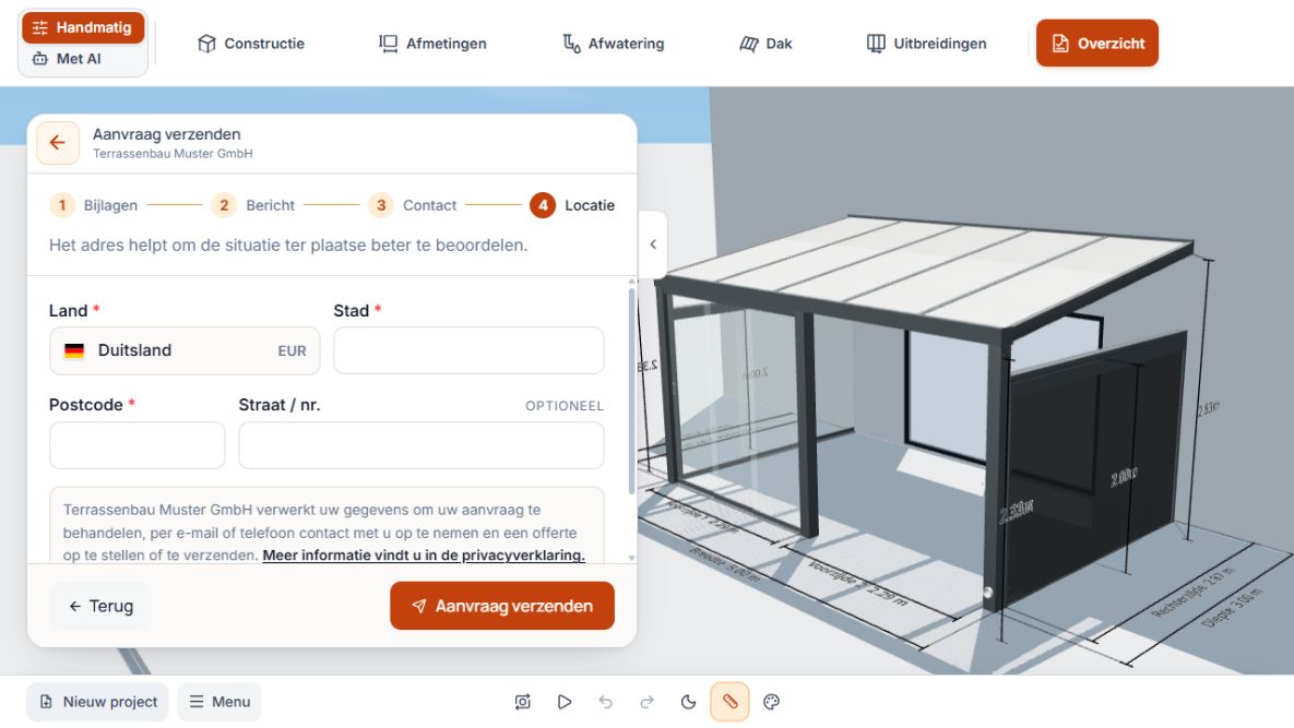 Locatiestap met land, plaats, postcode en optionele straat en Aanvraag verzenden.