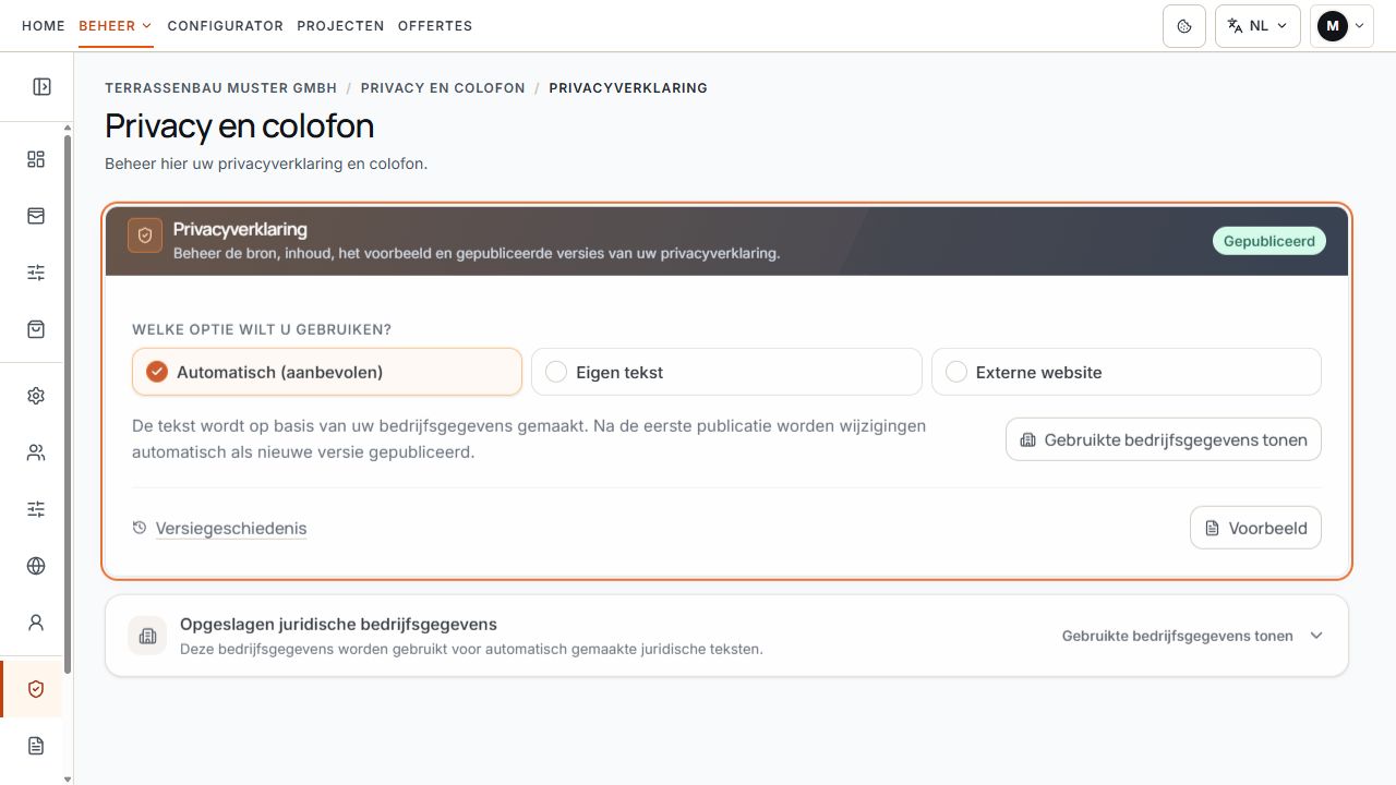 Privacygebied met de markering Gepubliceerd en geselecteerde automatische privacyverklaring.