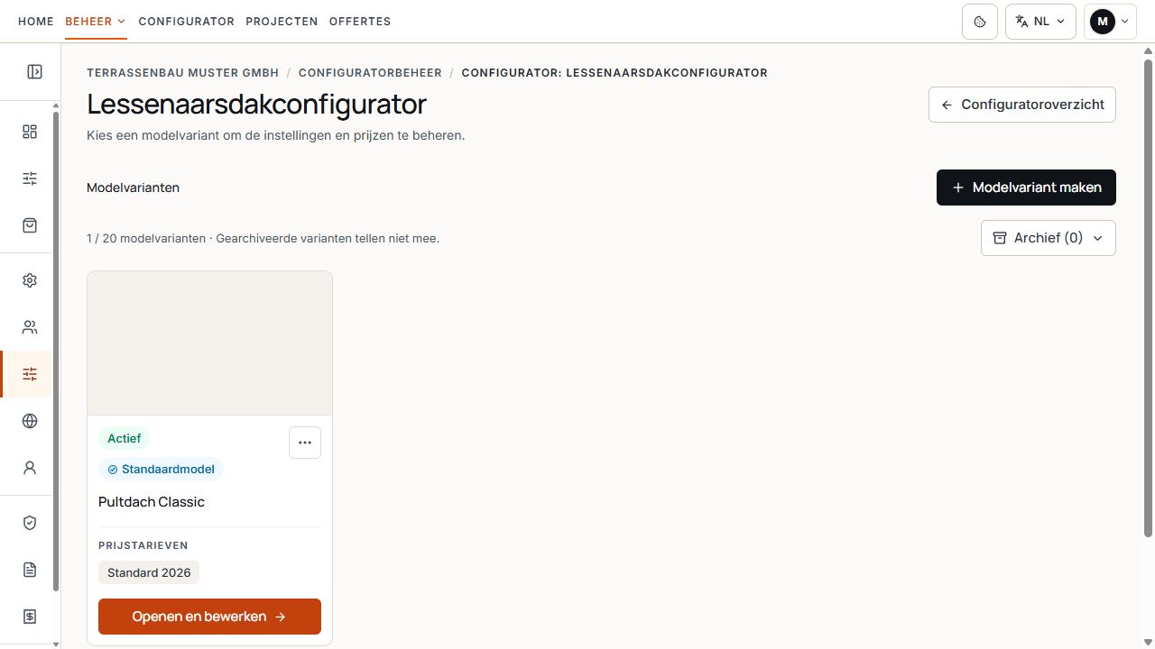 Configuratorbeheer met actieve modelkaart en toegewezen prijstarief.