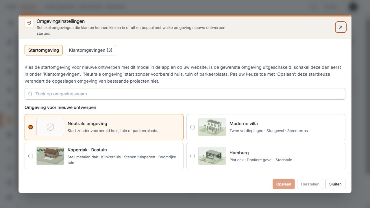 Omgevingsinstellingen met actief tabblad Startomgeving en selectie van beschikbare omgevingen.