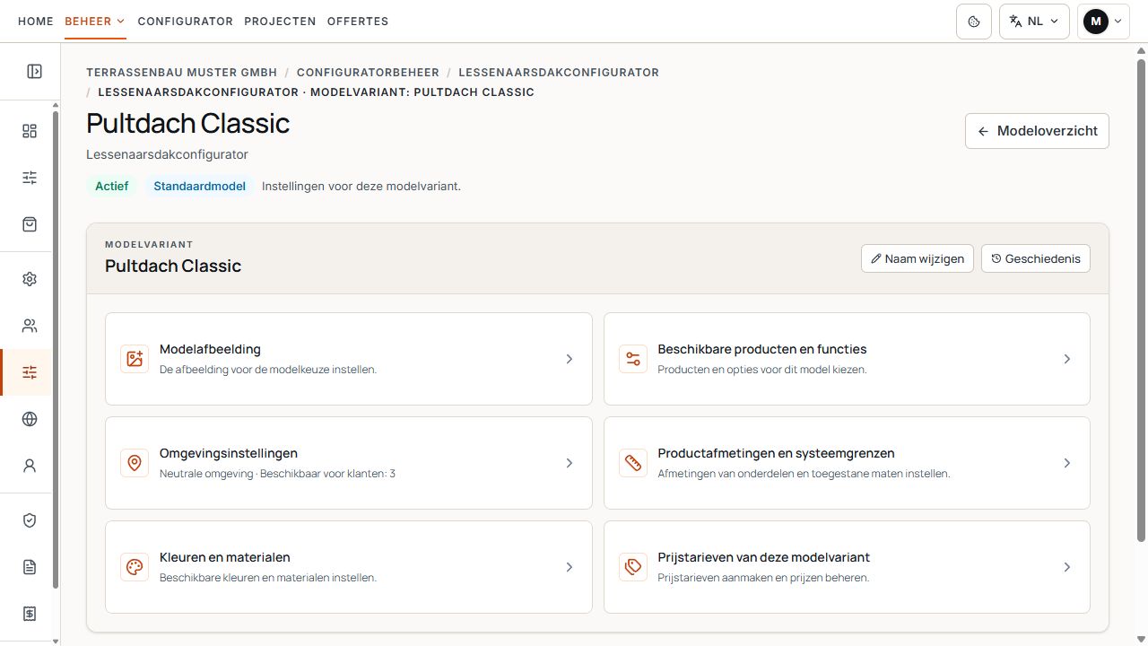 Geselecteerde modelvariant met kaarten voor modelafbeelding, producten, technische grenzen, kleuren en prijstarieven.