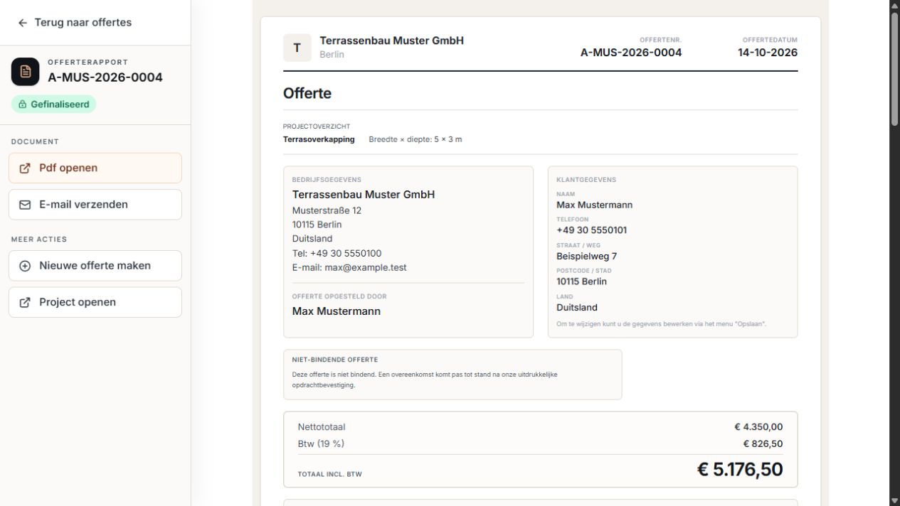 Definitieve offerte met bedrijfs- en klantgegevens en PDF- en e-mailacties.