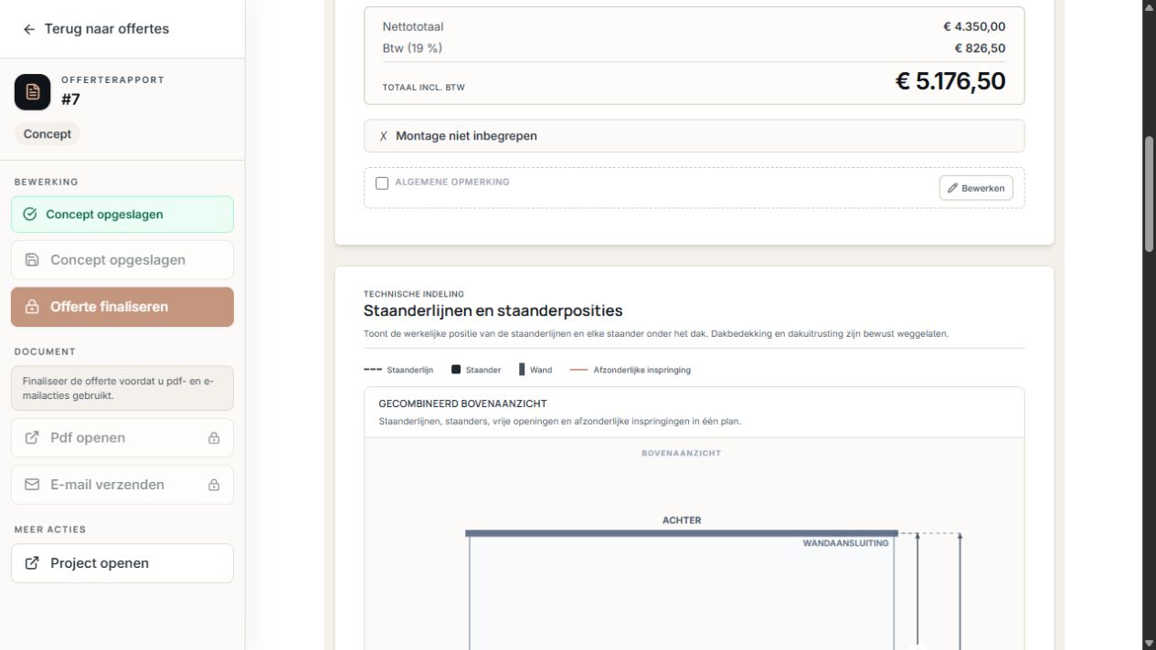Offerterapport met technische weergave van staanderrijen en staanderposities.