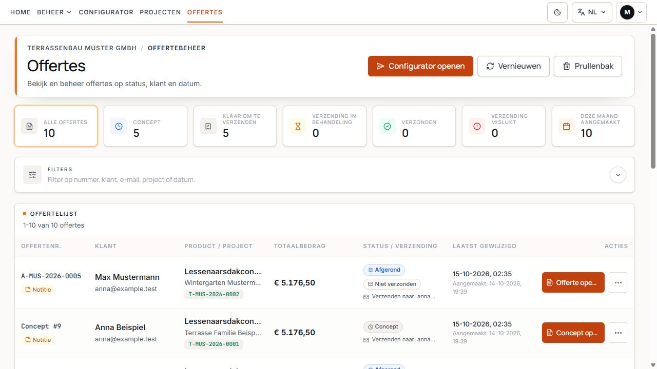 Offertelijst met concept, definitieve offerte en verzendstatus.