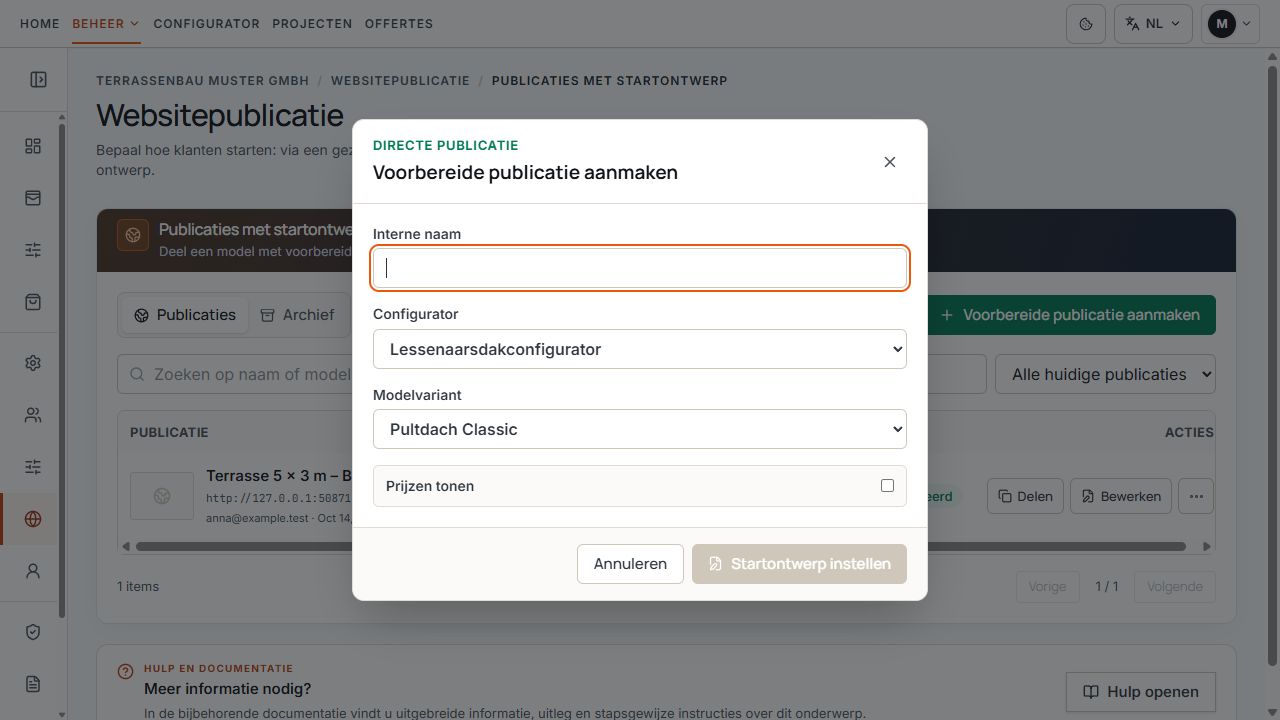 Dialoog voor een voorbereide publicatie met interne naam, model en prijsoptie.