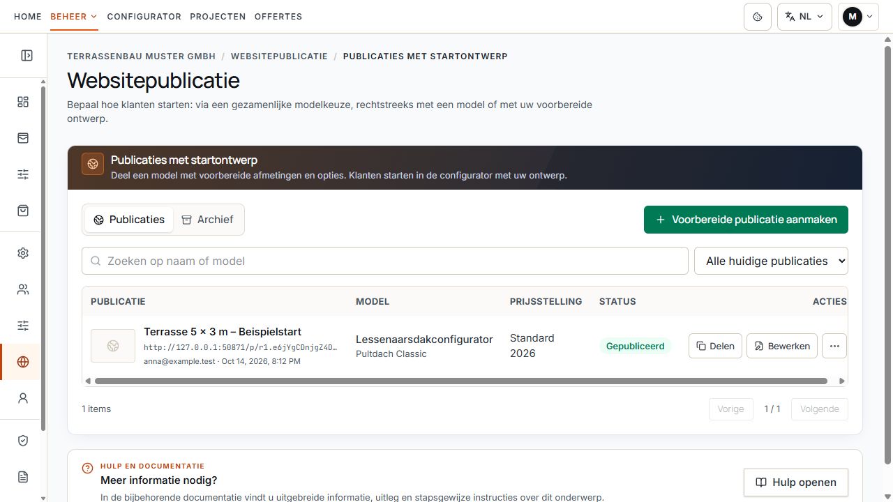 Lijst met voorbereide publicaties met een gepubliceerd startsjabloon.
