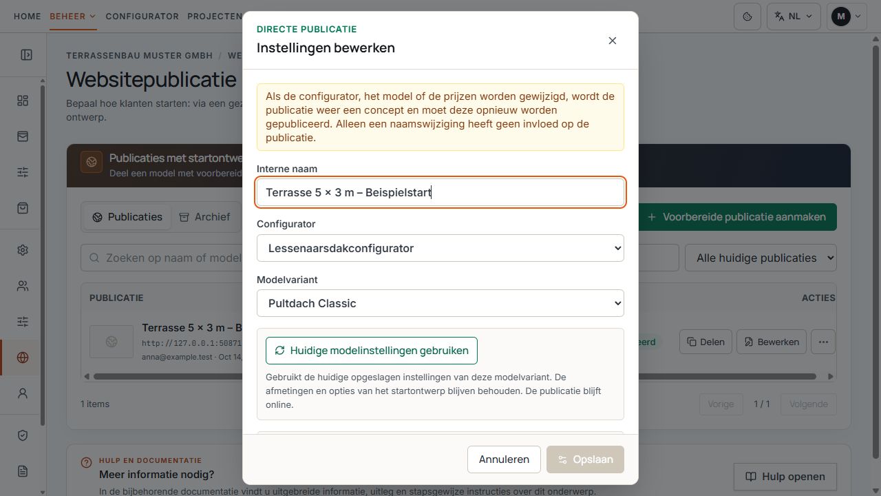 Instellingen van een voorbereide publicatie met de actie Actuele modelinstellingen overnemen.