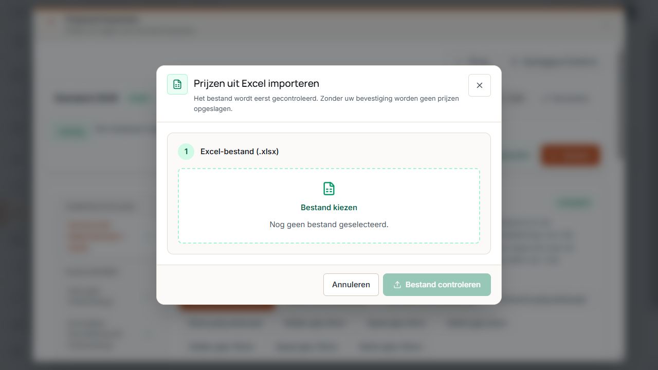 Dialoog Prijzen uit Excel importeren met lege bestandsselectie en gedeactiveerde controleactie.