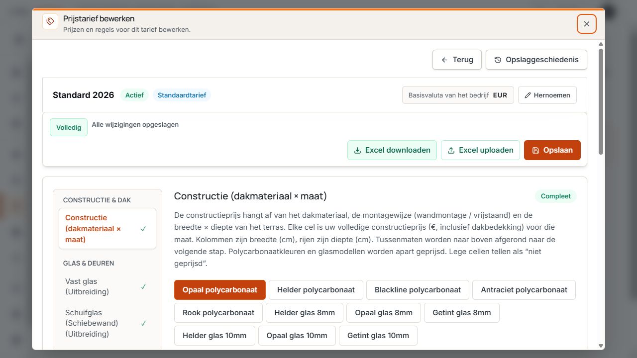 Tariefbewerking met volledigheidsstatus, prijsgroepen en Excel-acties.