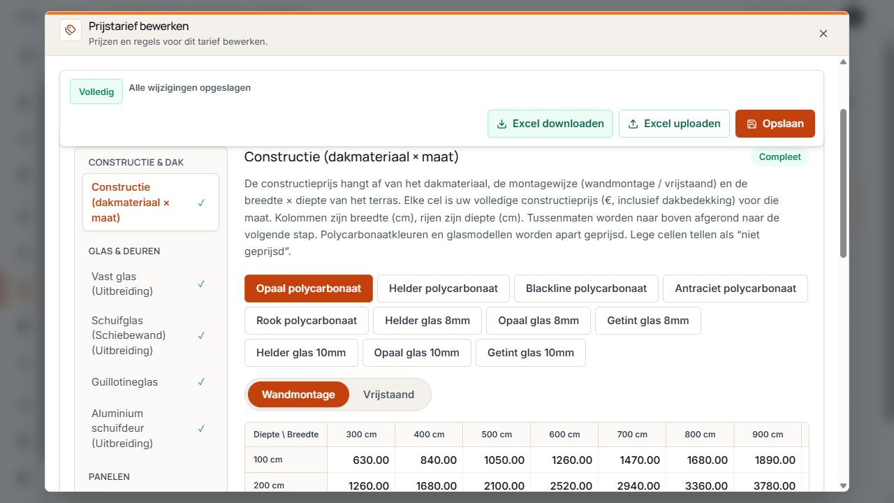 Basisframeprijsmatrix met diepte in de rijen, breedte in de kolommen en selectie van het montagetype.
