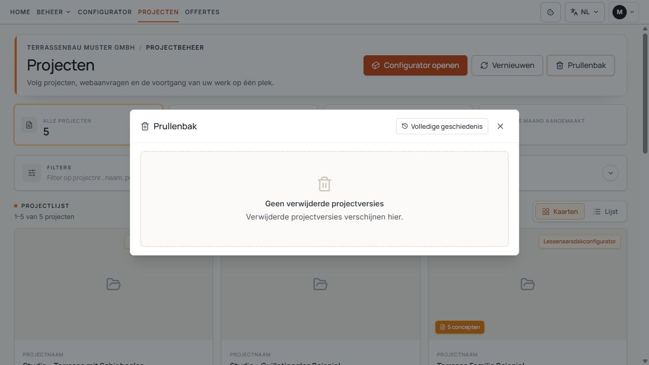 Projectprullenbak zonder verwijderde projectversies.