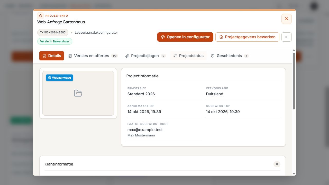 Projectinformatie van een webaanvraag met WEB-markering en bijbehorende projectgegevens.