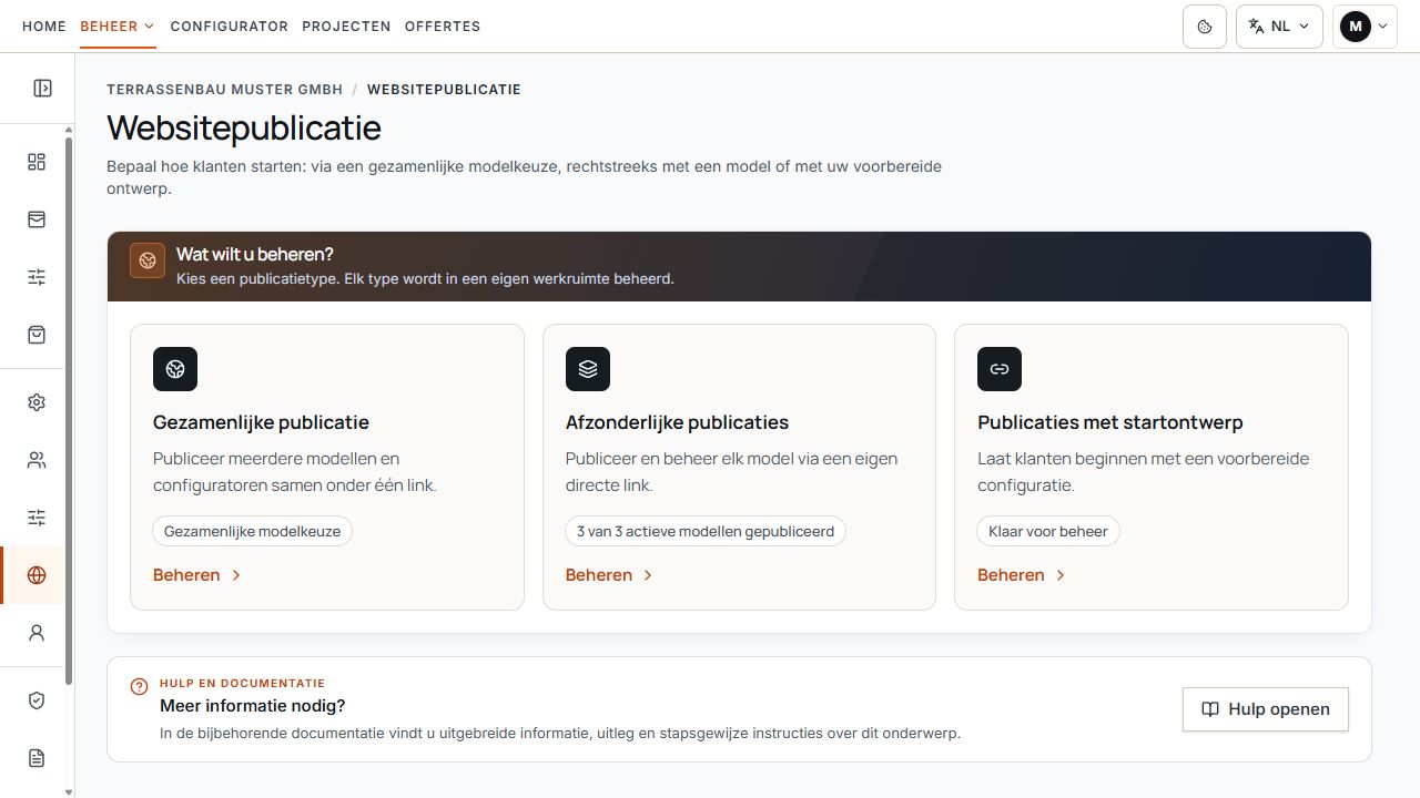 Websitepublicatie met gezamenlijke selectie, afzonderlijke publicaties en voorbereide publicaties.
