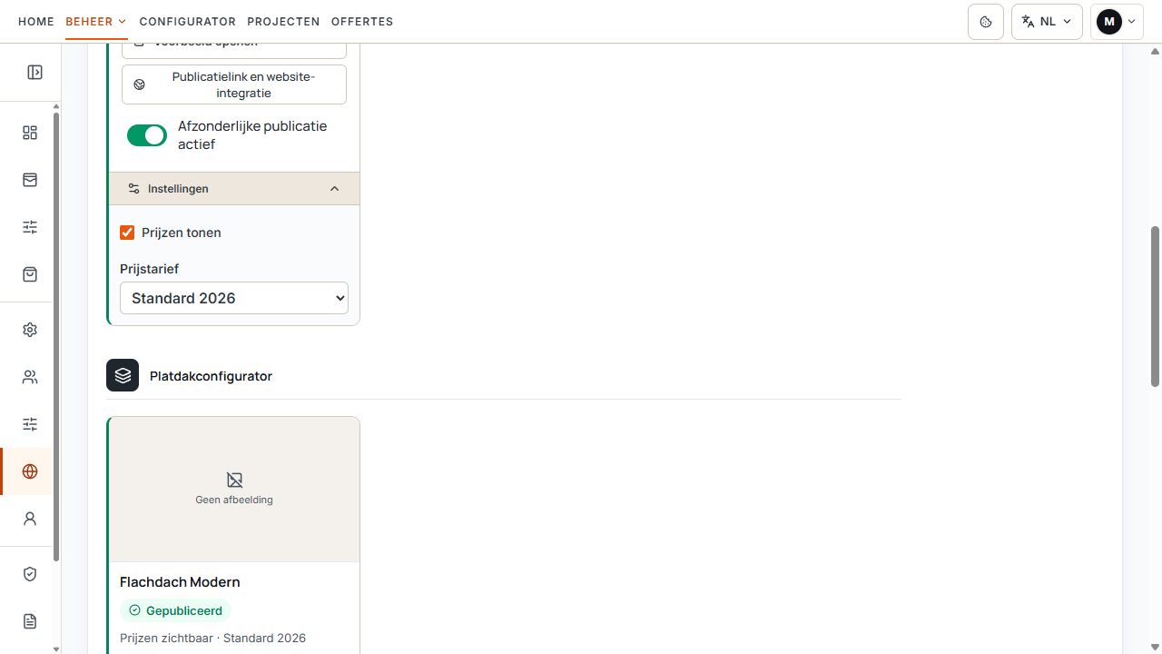 Instellingen van een afzonderlijke publicatie met prijsoptie en prijstarief.