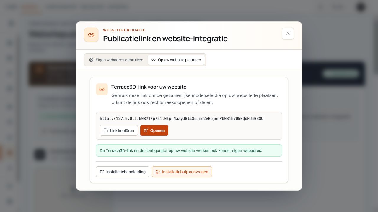 Deeldialoog van de gezamenlijke modelselectie met permanente link en kopieeractie.