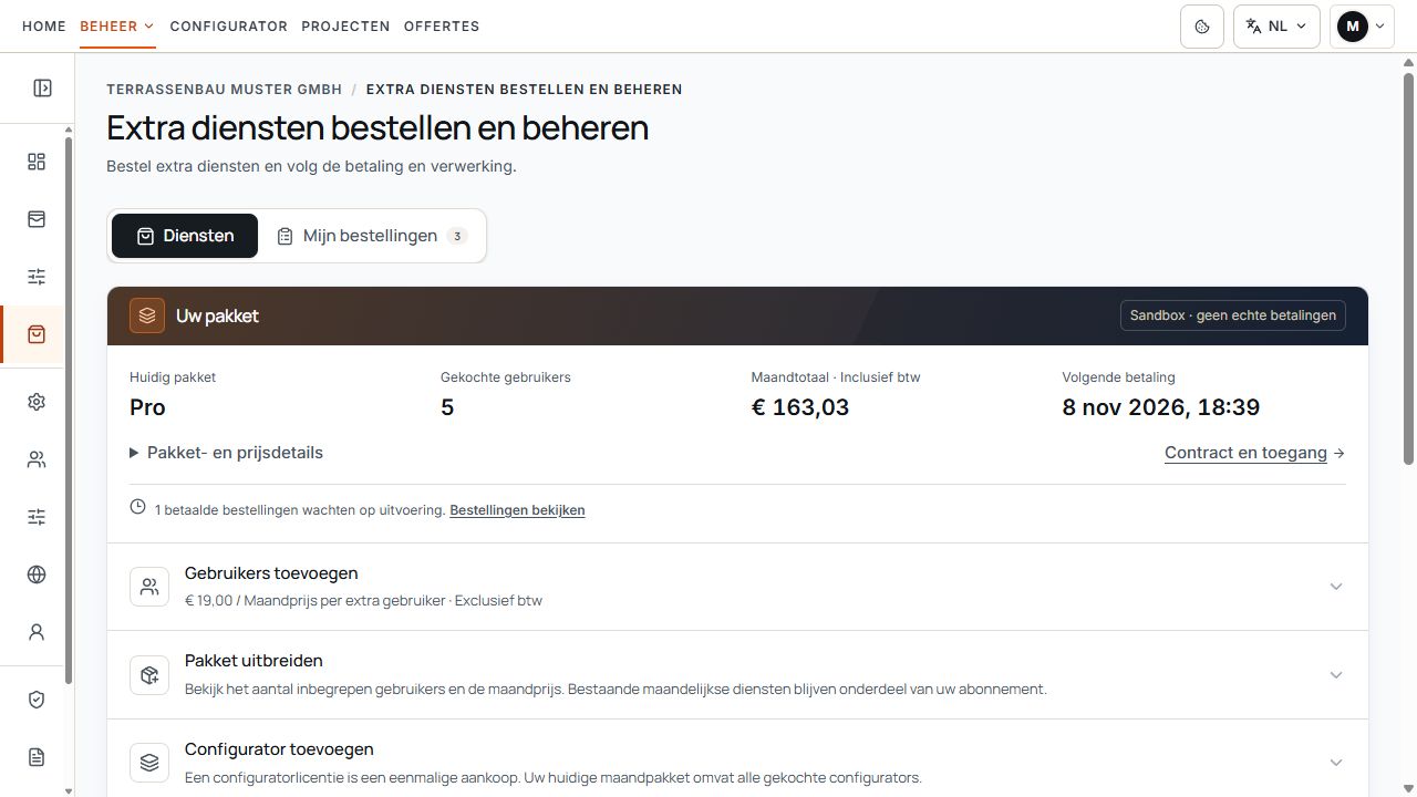 Extra diensten met het huidige pakket, het gekochte aantal gebruikers en opties voor gebruikers toevoegen en het pakket uitbreiden.