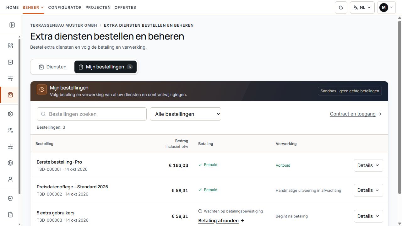 Mijn bestellingen met afzonderlijke gegevens over betaling en verwerking.