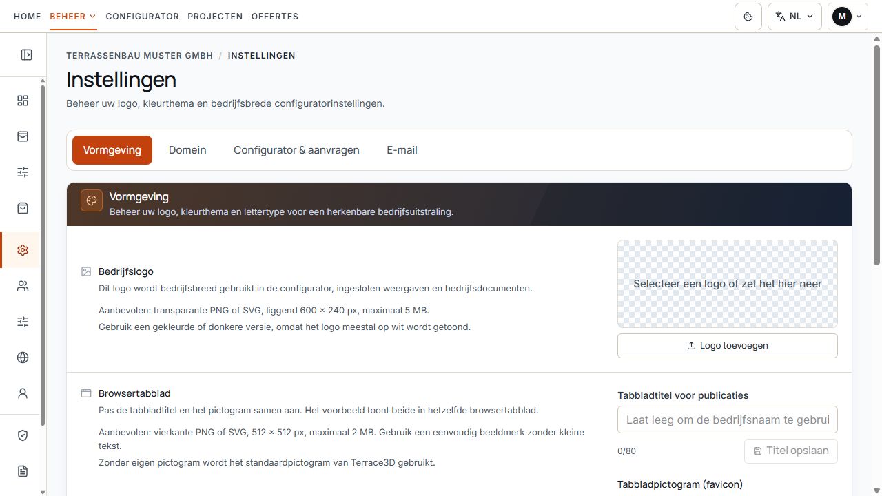 Vormgeving met logoselectie en velden voor browsertitel en paginapictogram.