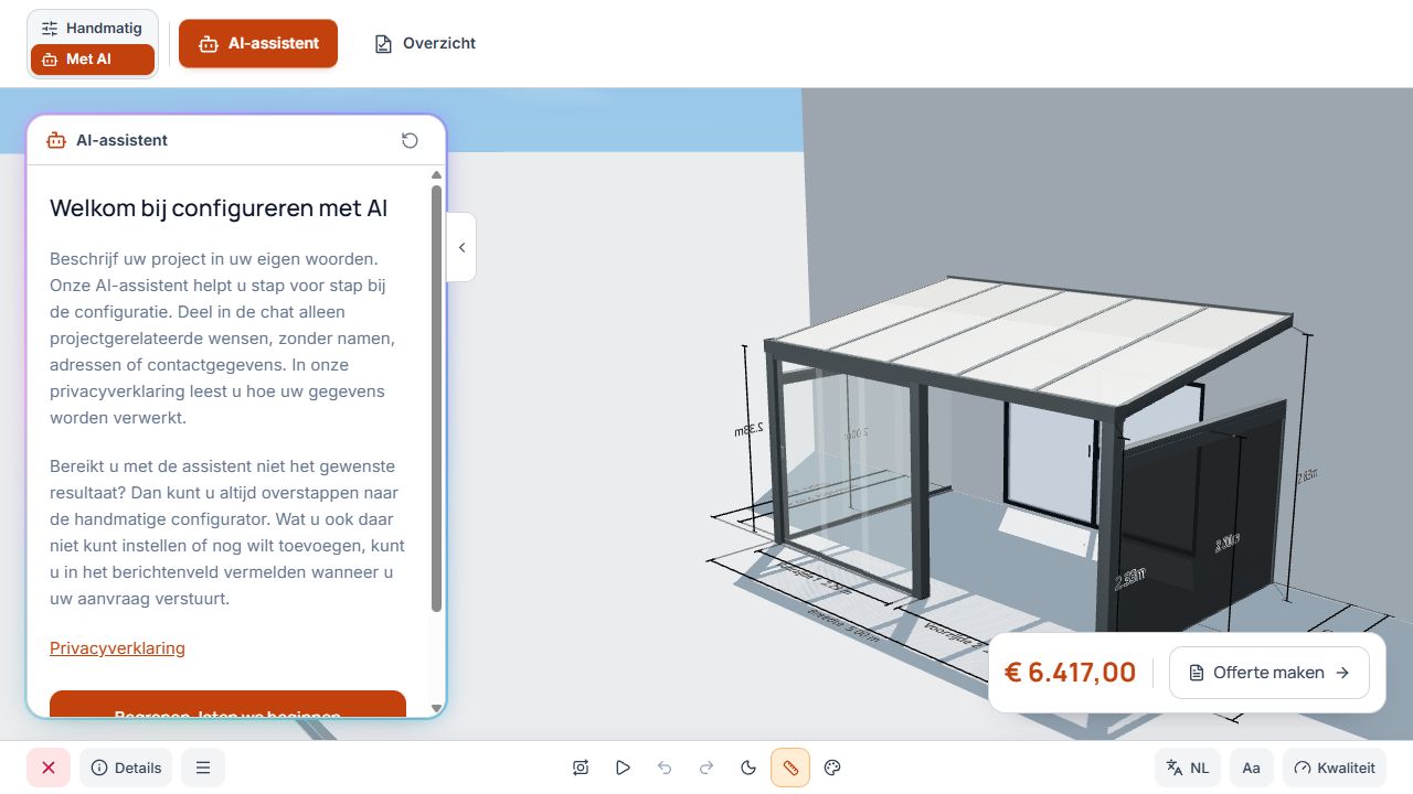Studio in AI-modus met begroeting, gebruiksinstructies en navigatie naar het overzicht.