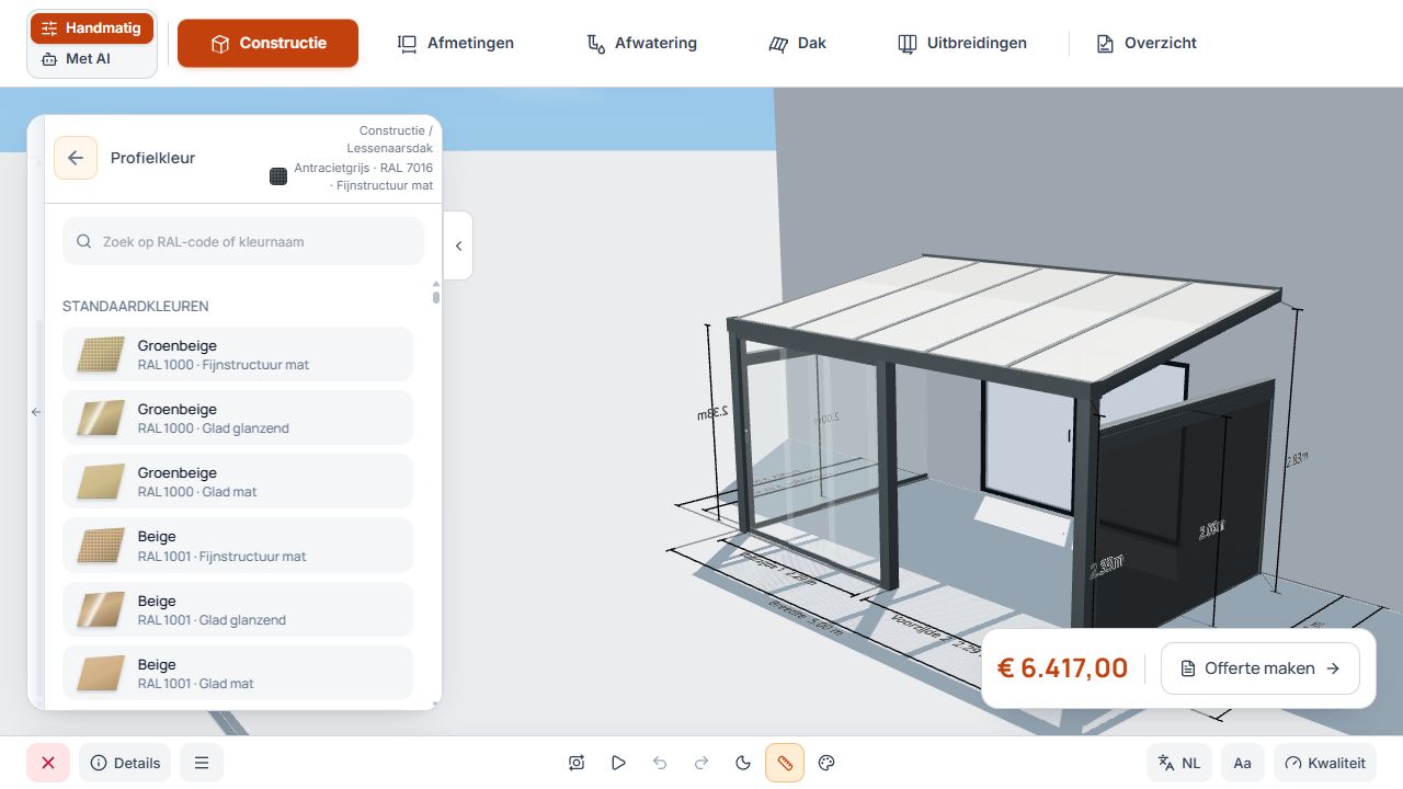 Profielkleurselectie met kleurzoekfunctie, RAL-kleuren en 3D-voorbeeld.