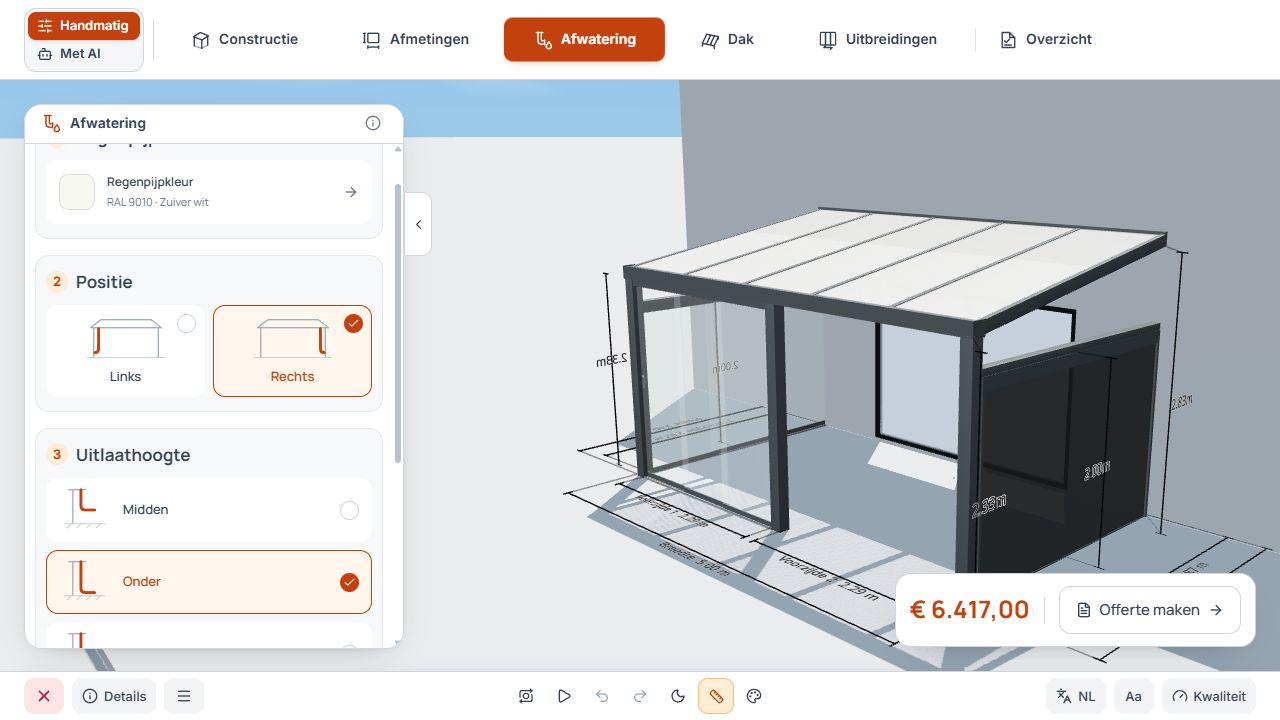 Afwateringsstap met afvoerpositie en hoogtegegevens naast het 3D-model.