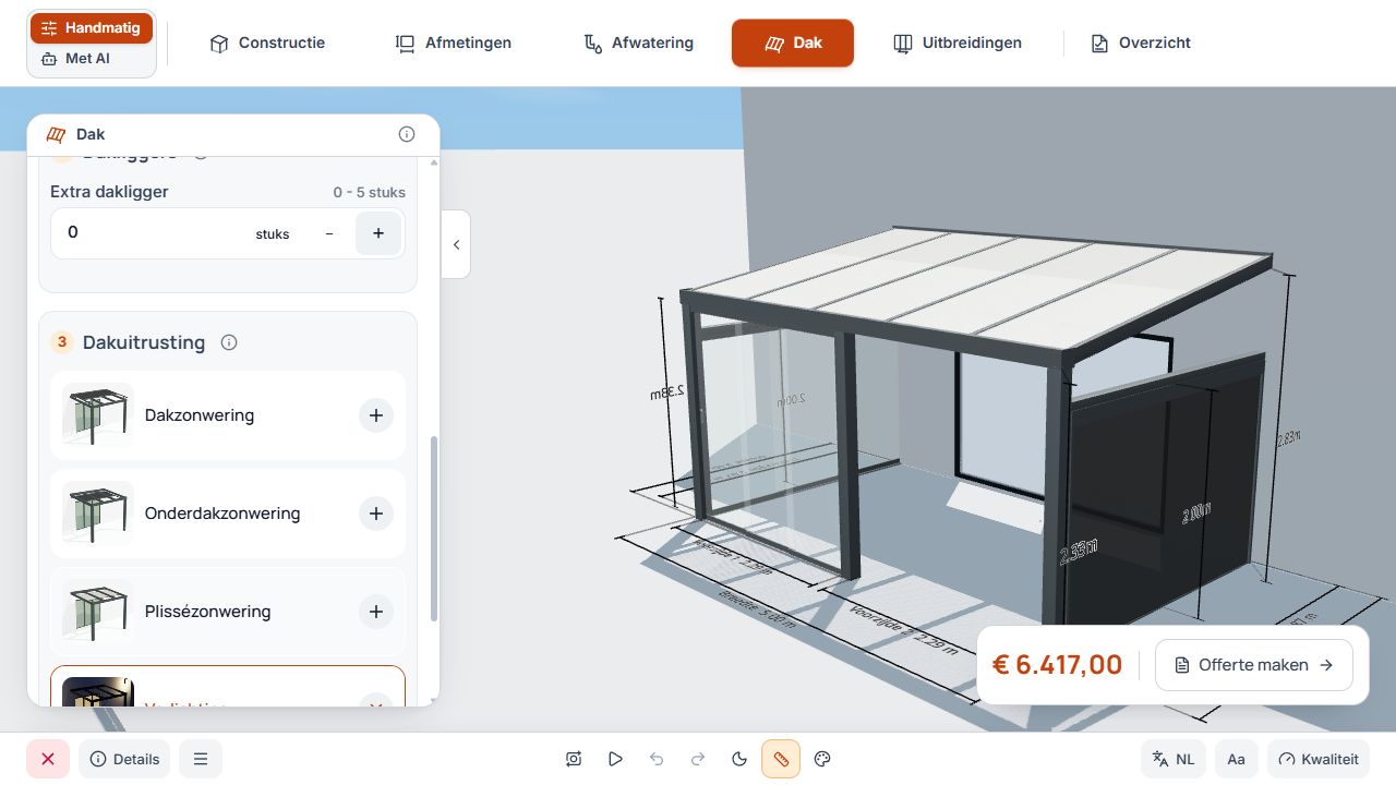 Dakinstellingen met aantal extra dakliggers en 3D-model.