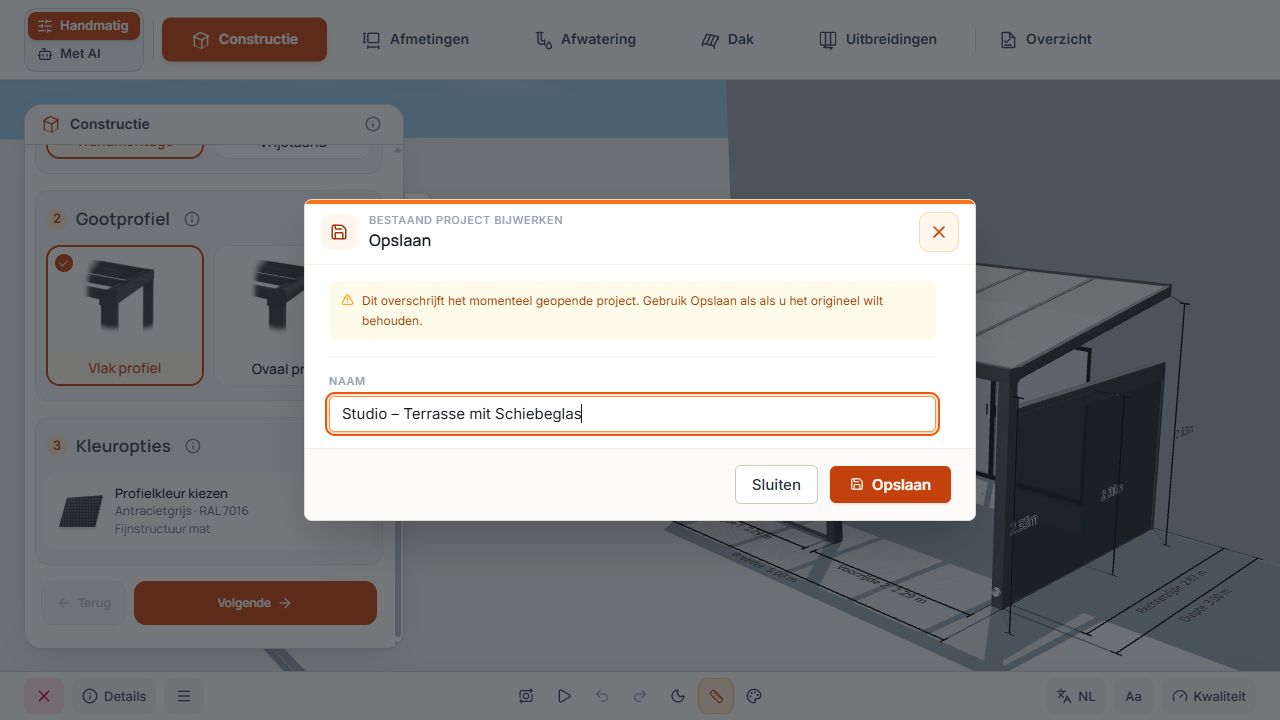 Opslaan-venster met de projectnaam en een waarschuwing over het overschrijven van het geopende project.