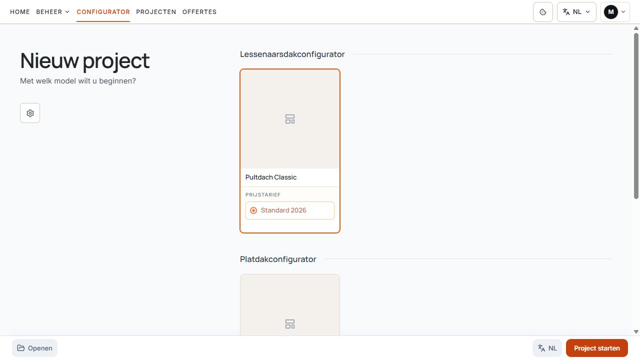 Interne projectstart met modelkaart en toegewezen prijstarief.