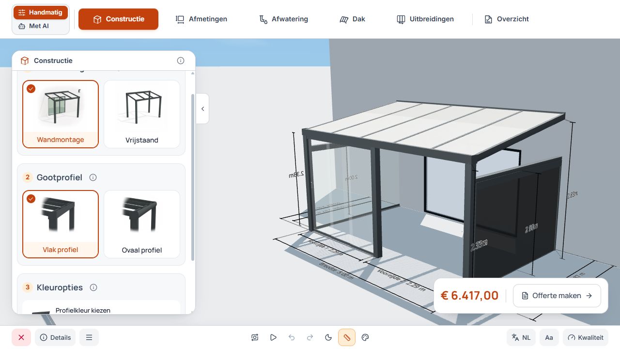 Studio met zes handmatige stappen, montagetype, gootprofiel en 3D-model.