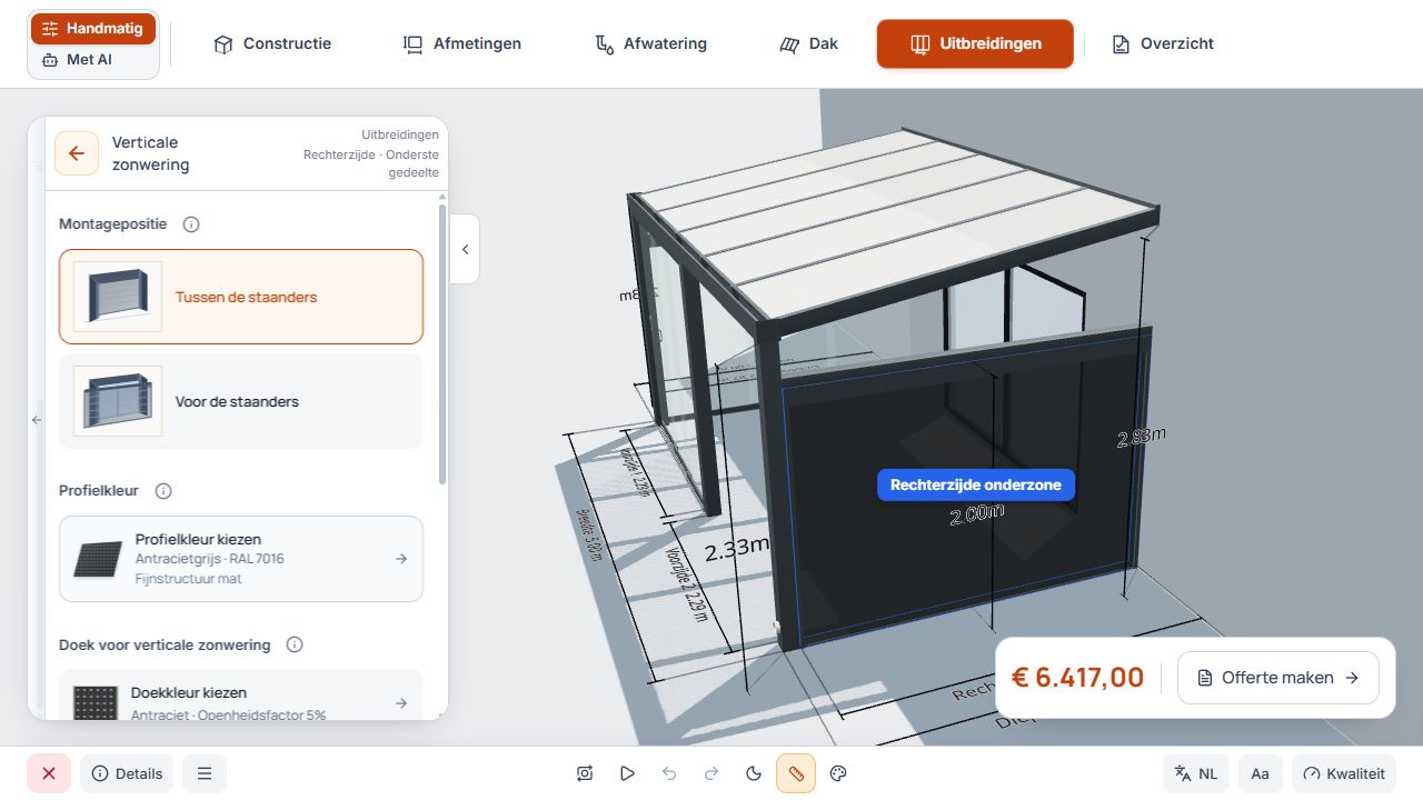 Instellingen van verticale zonwering met montagetype, profielkleur, doekgebied en 3D-model.