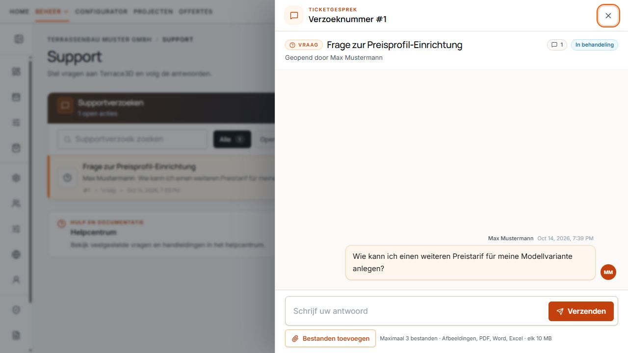 Antwoordgebied van een ticket met de actie Bestanden toevoegen en bestandslimiet.