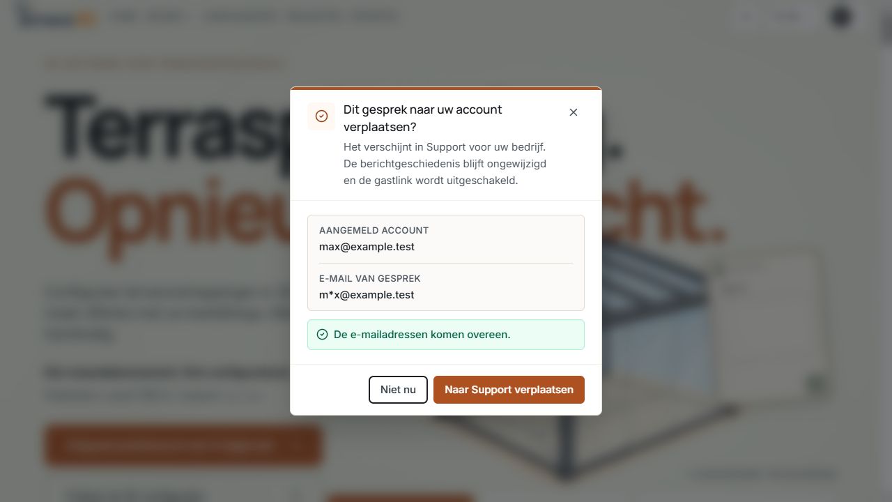 Bevestigingsdialoog voor het verplaatsen van een gastgesprek naar het bedrijfsaccount met overeenkomende e-mailadressen.